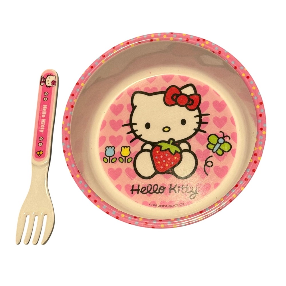 Sanrio Hello Kitty Zak Designs Pink Melamine Bowl and Fork Set Strawberry Hearts